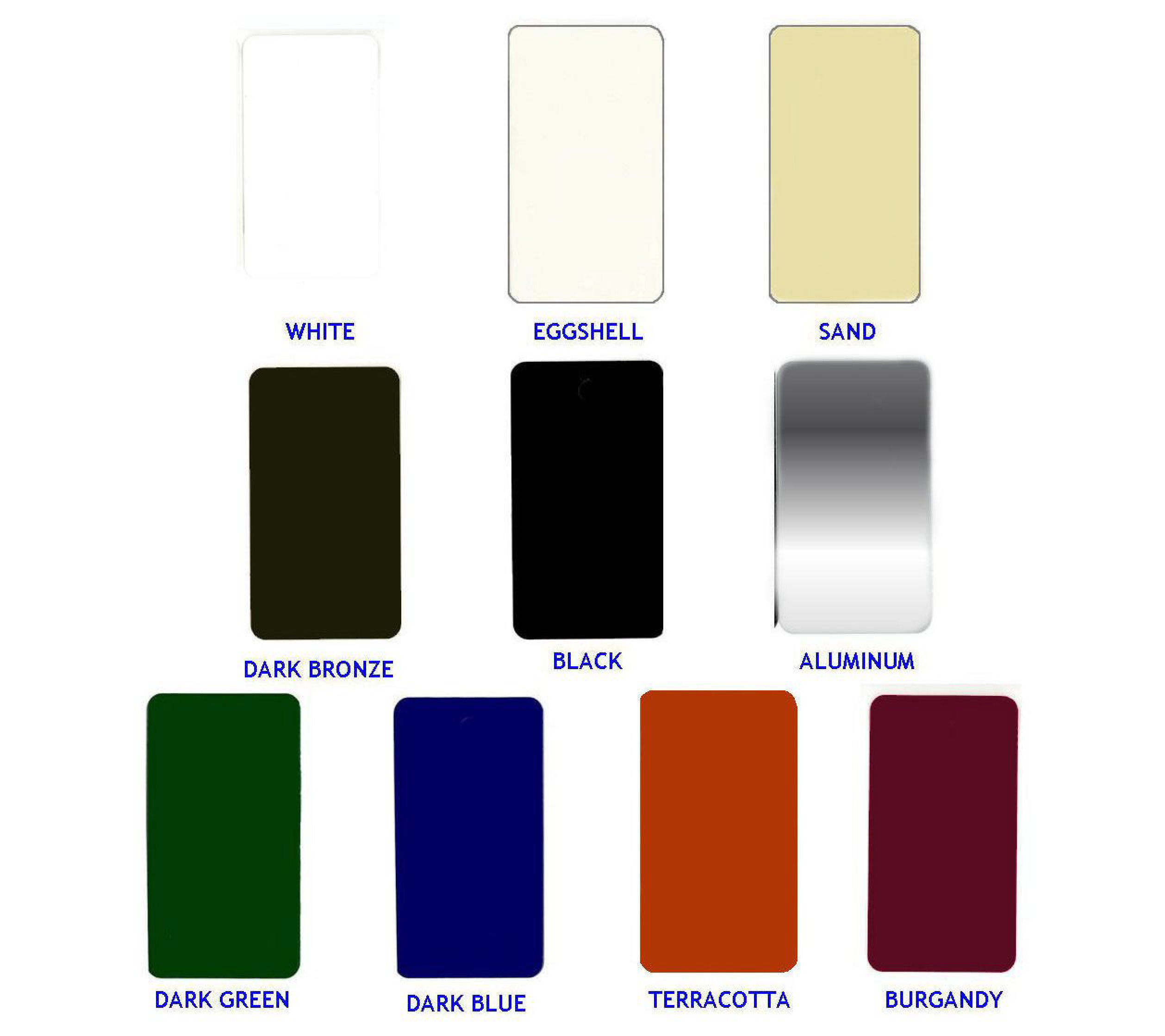Miami Awning Standard Paint Colors - White, Eggshell, Sand, Dark Bronze, Black, Aluminum, Dark Green, Dark Blue, Terracotta, Burgandy